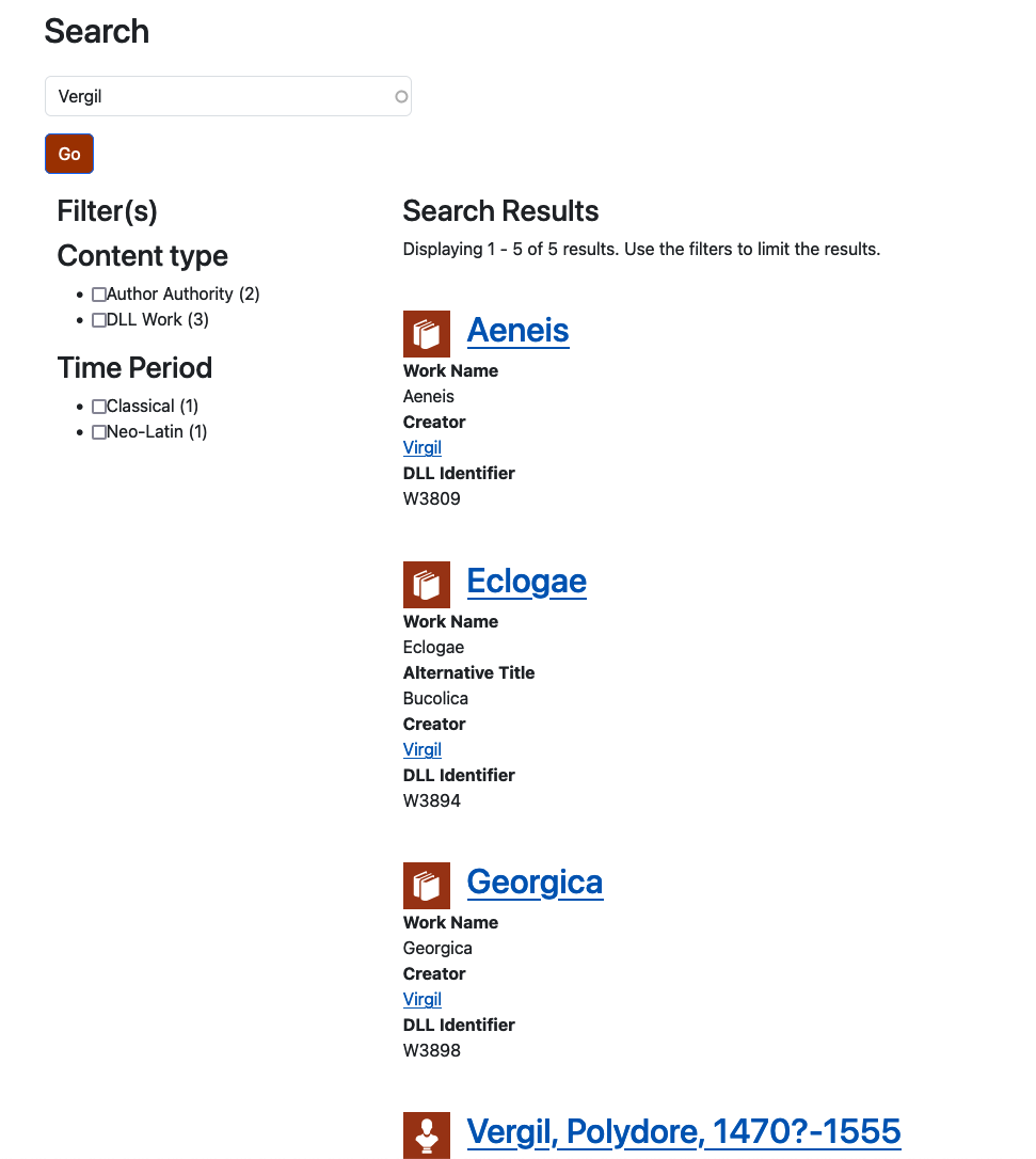 Screenshot of search for Vergil, unthemed